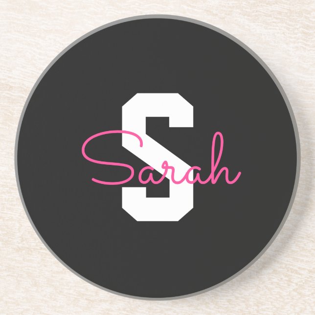 Cute Name & Monogram | Black White & Pink Coaster (Front)