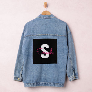 Cute Name & Monogram Black White & Pink Denim Jacket