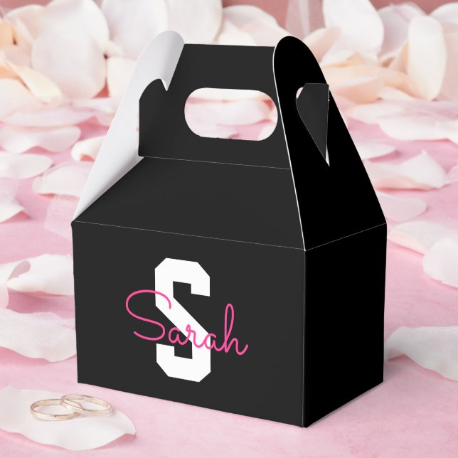 Cute Name & Monogram | Black White & Pink Favour Box (Wedding)