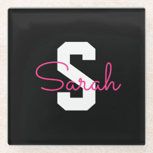 Cute Name & Monogram   Black White & Pink Glass Coaster