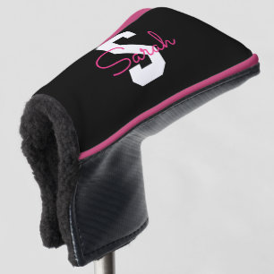 Cute Name & Monogram Black White & Pink Golf Head Cover