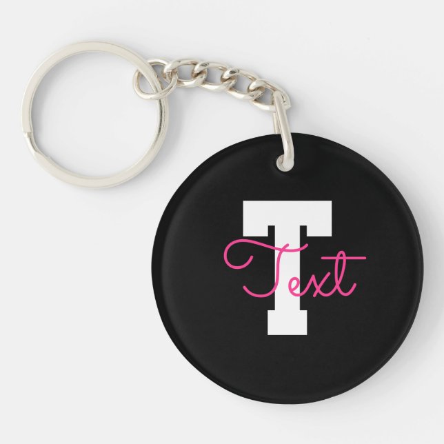 Cute Name & Monogram | Black White & Pink Key Ring (Front)