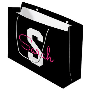 Cute Name & Monogram Black White & Pink Large Gift Bag