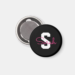 Cute Name & Monogram Black White & Pink Magnet