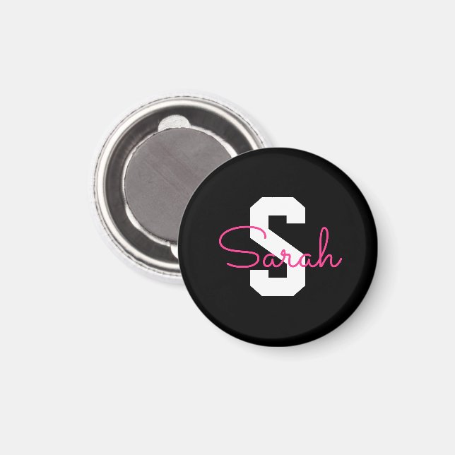 Cute Name & Monogram | Black White & Pink Magnet (Front/Back)