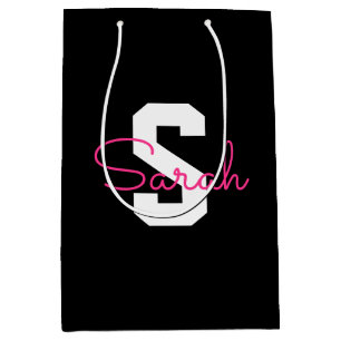 Cute Name & Monogram Black White & Pink Medium Gift Bag