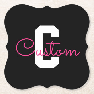Cute Name & Monogram   Black White & Pink Paper Coaster