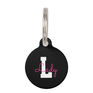 Cute Name & Monogram Black White & Pink Pet Tag
