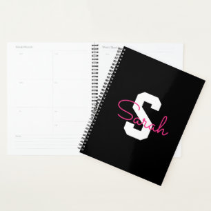 Cute Name & Monogram Black White & Pink Planner