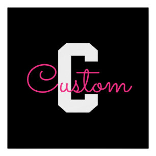 Cute Name & Monogram Black White & Pink Poster