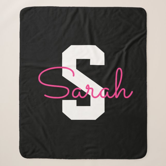 Cute Name & Monogram | Black White & Pink Sherpa Blanket (Front)