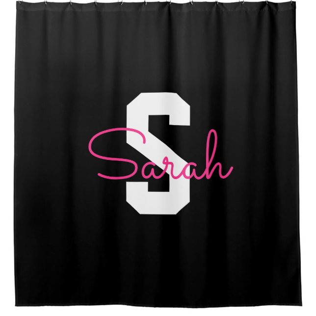Cute Name & Monogram | Black White & Pink Shower Curtain (Front)