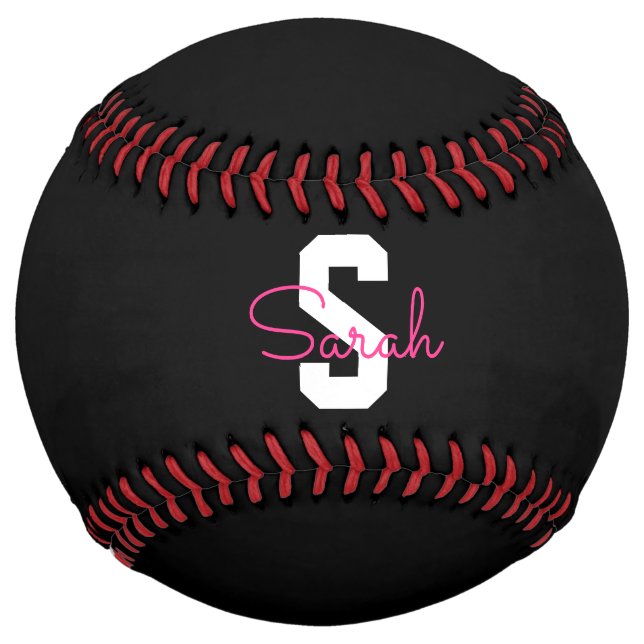 Cute Name & Monogram | Black White & Pink Softball (Front)