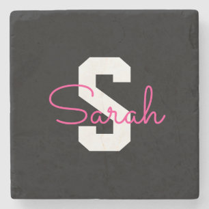 Cute Name & Monogram   Black White & Pink Stone Coaster