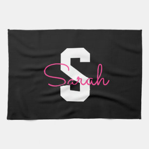 Cute Name & Monogram Black White & Pink Tea Towel