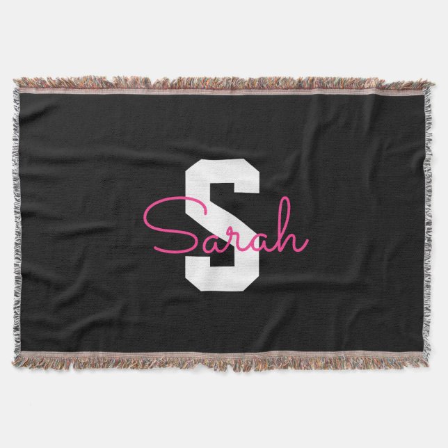 Cute Name & Monogram | Black White & Pink Throw Blanket (Front)
