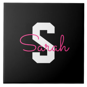 Cute Name & Monogram Black White & Pink Tile
