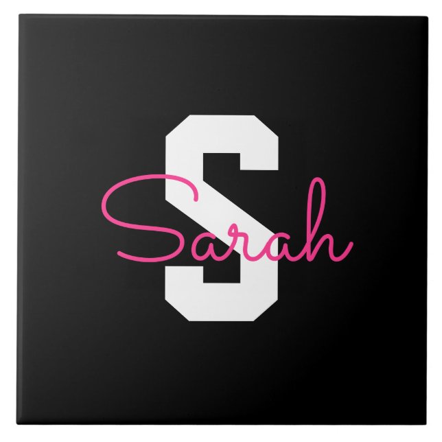 Cute Name & Monogram | Black White & Pink Tile (Front)