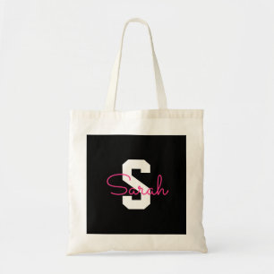 Cute Name & Monogram Black White & Pink Tote Bag
