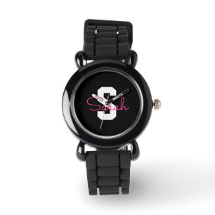 Cute Name & Monogram Black White & Pink Watch