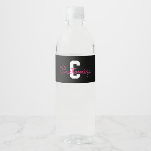 Cute Name & Monogram Black White & Pink Water Bottle Label