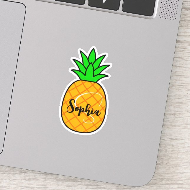 Cute Name & Monogram | Kawaii Pineapple Teacher (cute custom pineapple decal, personalized monogram educator label, yellow pineapple laptop sticker, )