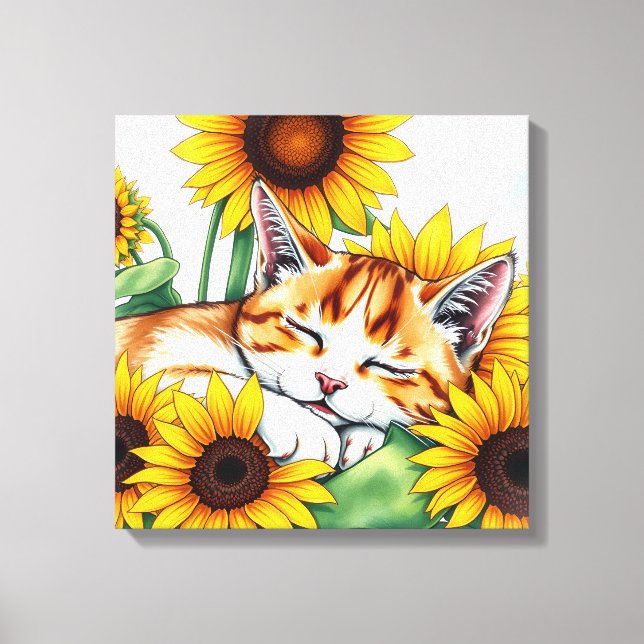 Cute Napping Kitten and Sunflowers Canvas Print (Front)