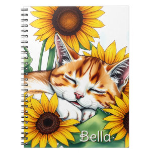 Cute Napping Kitten and Sunflowers Personalized Notebook