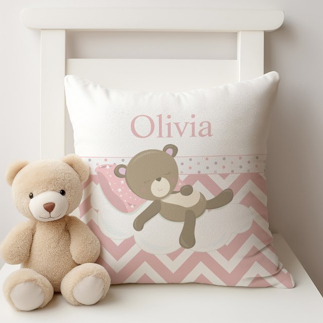 Cute Napping Teddy Bear with Custom Monogram Cushion (Personalize with baby's name.)