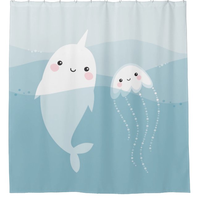 Cute narwhal and jellyfish shower curtain (Front)