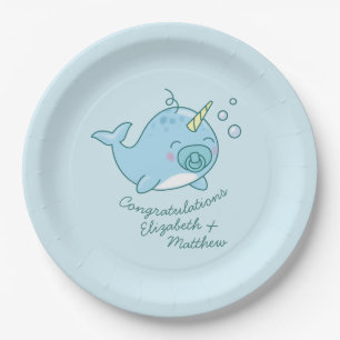 Cute Narwhal Baby Shower Kawaii Blue Boy Paper Plate