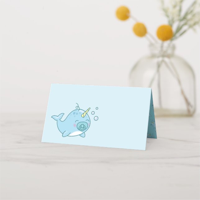 Cute Narwhal Baby Shower Kawaii Blue Boy Place Card (Front)