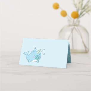 Cute Narwhal Baby Shower Kawaii Blue Boy Place Card