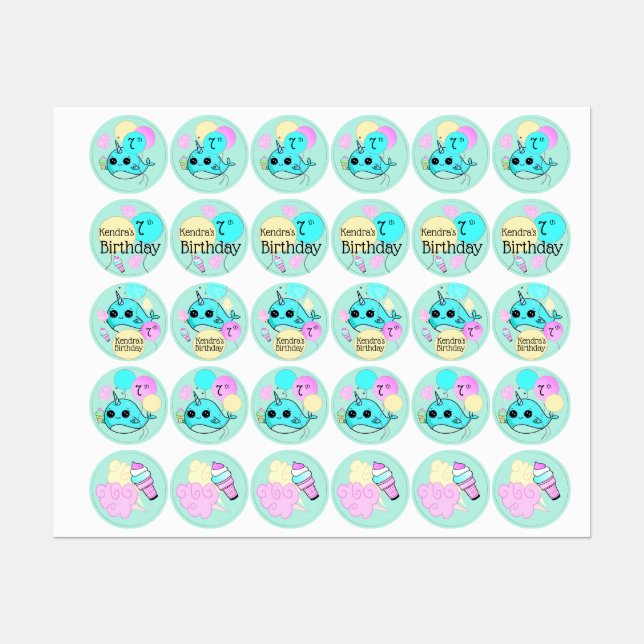 Cute Narwhal Birthday Party Personalised Name Age (Sheet)