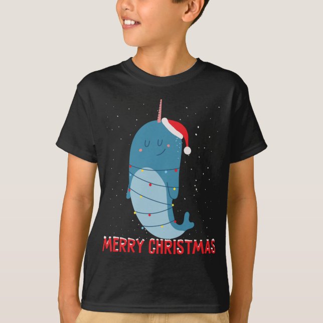 Cute narwhal Christmas Tree Lights T-Shirt (Front)