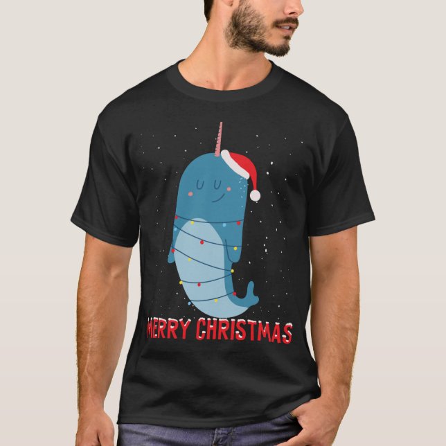Cute narwhal Christmas Tree Lights T-Shirt (Front)