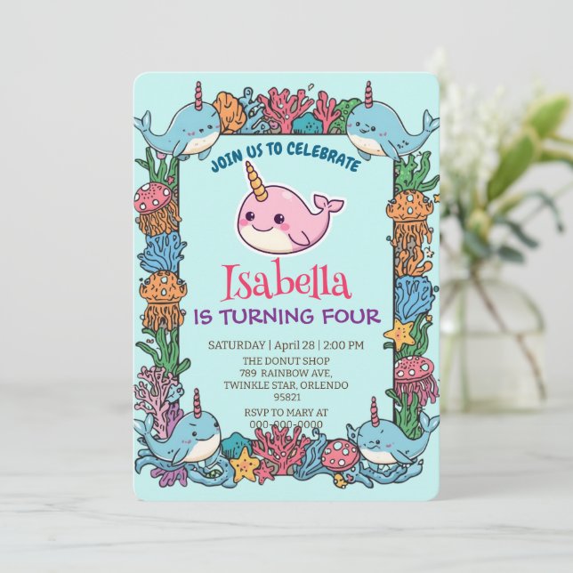 Cute Narwhal fish Pattern Watercolor Under the Sea Invitation (Standing Front)