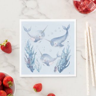 Cute Narwhal fish Pattern Watercolor Under the Sea Napkin