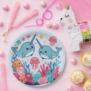 Cute Narwhal fish Pattern Watercolor Under the Sea Paper Plate
