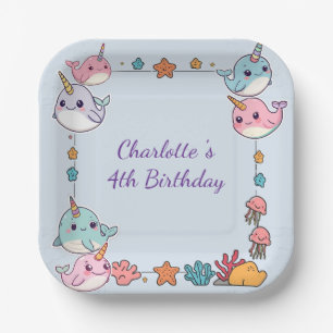 Cute Narwhal fish Pattern Watercolor Under the Sea Paper Plate