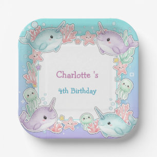 Cute Narwhal fish Pattern Watercolor Under the Sea Paper Plate