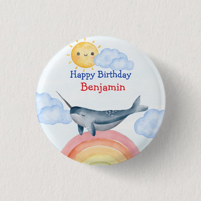 Cute narwhal fish unicorn Birthday Party 3 Cm Round Badge (Front)