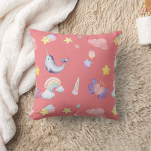 Cute Narwhal Fish Unicorn Rainbow sea Birthday  Cushion