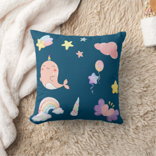 Cute Narwhal Fish Unicorn Rainbow sea Birthday Cushion