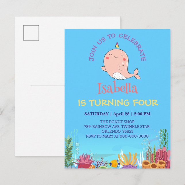 Cute Narwhal Fish Unicorn Rainbow sea Birthday  Invitation Postcard (Front/Back)
