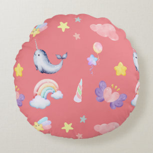 Cute Narwhal Fish Unicorn Rainbow sea Birthday  Round Cushion