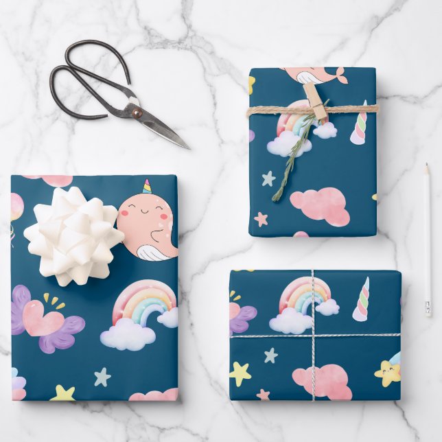 Cute Narwhal Fish Unicorn Rainbow sea Birthday  Wrapping Paper Sheet (Front)
