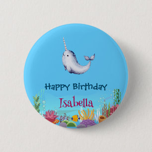 Cute Narwhal Fish Unicorn Whale sea Birthday  6 Cm Round Badge