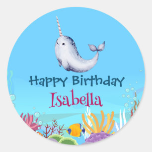 Cute Narwhal Fish Unicorn Whale sea Birthday  Classic Round Sticker