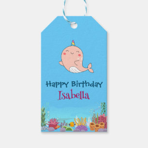 Cute Narwhal Fish Unicorn Whale sea Birthday  Gift Tags